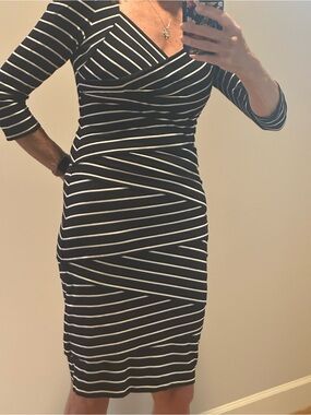 White House Black Market Black & White Striped Wrap-Detail Midi Dress